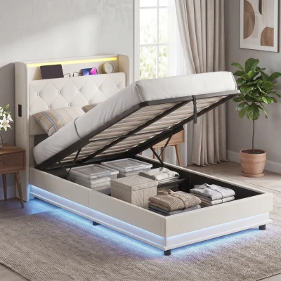 HOMCOM Single Bed Frame Hydraulic Storage LED Charging White