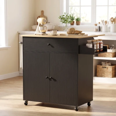HOMCOM Kitchen Island Trolley Drop Leaf Drawer Black