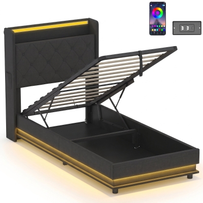 HOMCOM Single Bed Frame Hydraulic Storage LED Charging Black