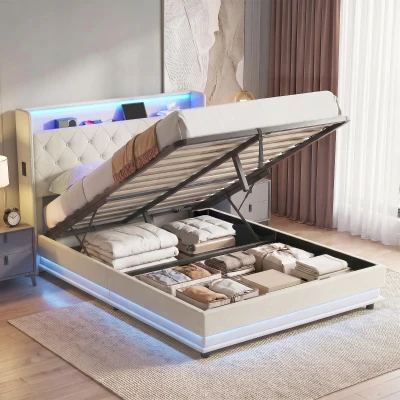 HOMCOM Double Bed Frame Hydraulic Storage LED Charging Cream
