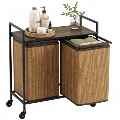 HOMCOM Wasmand Bamboe 2 vakken 120 L Wasverzamelaar met Plank, Wasbox, Verrijdbaar 73x33x78 cm, Bruin