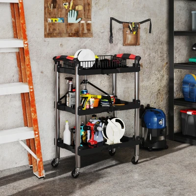 HOMCOM Gereedschapstrolley, Opvouwbare 3-Laagse Gereedschapswagen, Kunststof, Staal, Zwart