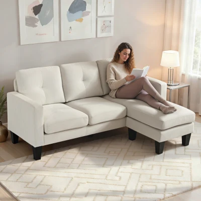 HOMCOM Sofá Chaise Longue Reversible con Estructura de Acero Tapizado en Chenilla 186x130x84cm Crema