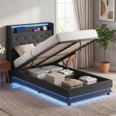 HOMCOM Single Bed Frame Hydraulic Storage LED Charging Black