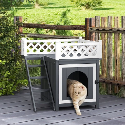 PawHut Kattenhuis, Dubbeldekker met Balkon en Trap, voor Binnen en Buiten, Geschikt voor Katten en Konijnen, Dennenhout, Grijs