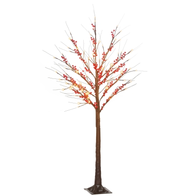 HOMCOM Árbol de Abedul Artificial 150 cm con 96 Luces LED Blanco Cálido Bayas Rojas Temporizador y 12 Ramas Flexibles Marrón