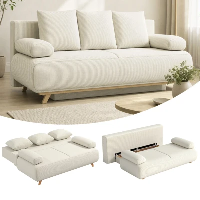 HOMCOM Schlafsofa mit verstellbarer Rückenlehne, Bettfunktion, verstecktem Stauraum und Cordbezug, Beige