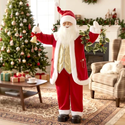 HOMCOM Singender Weihnachtsmann, 150 cm, stehende animierte Weihnachtsfigur mit Glocke und Kranz, per Sound/Berührung aktiviert