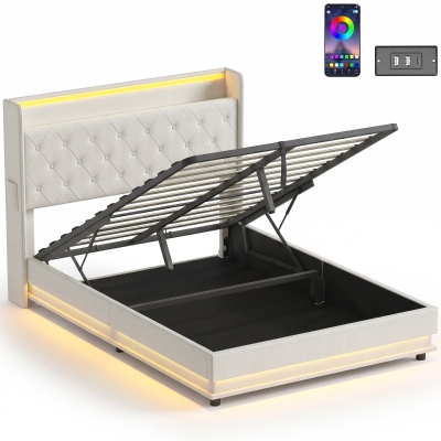 HOMCOM Double Bed Frame Hydraulic Storage LED Charging Cream