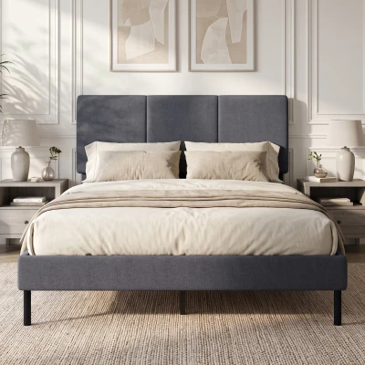 HOMCOM Bettgestell 140 x 200 cm mit verstellbarem Kopfteil, gepolstertes Bett in Leinenoptik mit 12 Latten