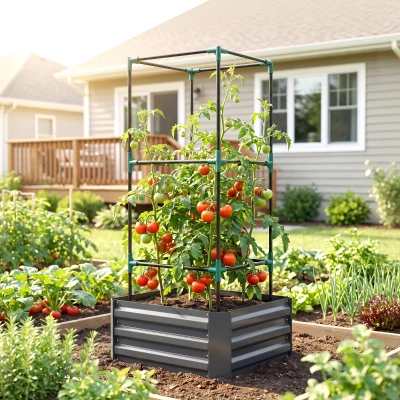 Outsunny Hoogbed met klimrek Plantenbak met klimsteun, open bodem, weerbestendig, 61 cm x 61 cm x 140 cm, Donkergrijs