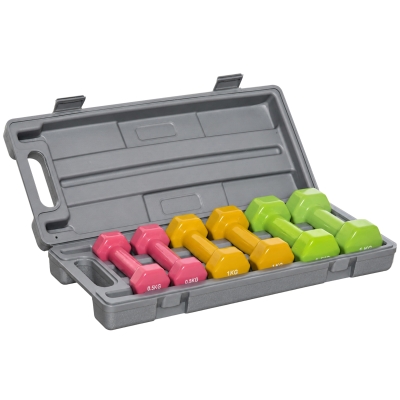 HOMCOM Juego de 6 Mancuernas Hexagonales de 1,5kg 1kg y 0,5kg con Revestimiento de Neopreno con Maletín 43x18x7,5 cm Multicolor