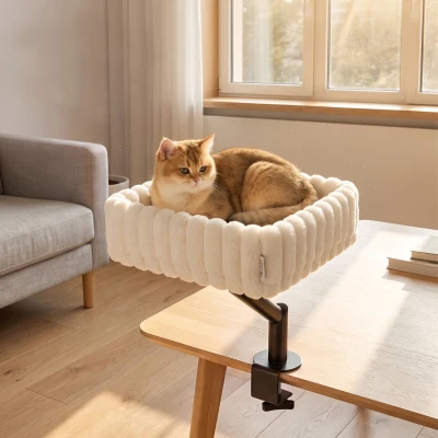 PawHut Katzen-Schreibtischbett, Katzenbett für Schreibtisch mit 360°Drehung, Hängeball verstellbare Klemme für Katze unter 6 kg