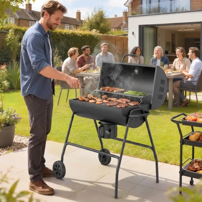 Outsunny Metalen Houtskoolbarbecue BBQ Smoker met Deksel Thermometer Wielen Grillwagen 95x71,5x102 cm Zwart