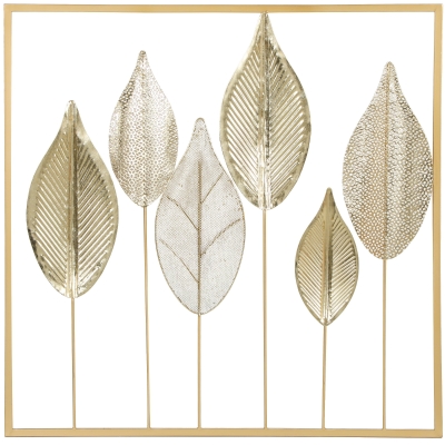 HOMCOM Metallrahmen mit Blattdesign, Wandschmuck, moderner Stil, Goldfarben