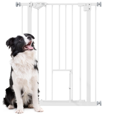 PawHut Barrera de Seguridad para Perros Barrera para Mascotas Extensible con Puerta Pequeño Cierre Automático y Sistema de Doble Bloqueo para Puerta Pasillo Escalera 74-80x91,4 cm Blanco