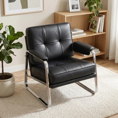 HOMCOM Sessel Loungesessel mit breiter Sitz, Armlehnen, Stahlbeinen, aus Kunstleder für Wohnzimmer, Schlafzimmer, Schwarz
