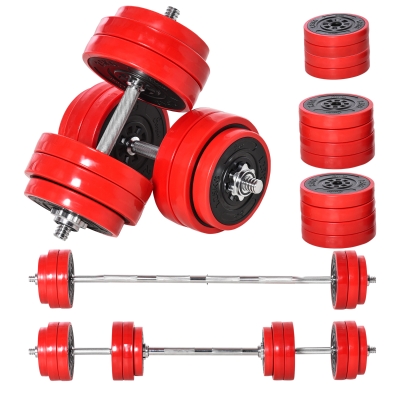 HOMCOM Juego de Mancuernas 30 kg Ajustables 4 en 1 con 12 Discos 2 Barras y Biela Ajustable para Entrenamiento de Fuerza Levantamiento de Pesas Hogar Gimnasio Oficina Negro y Rojo