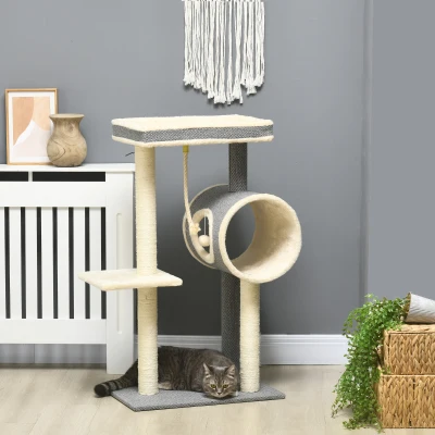 PawHut Krabpaal Klimboom, 1 kattenhol, 2 ligplatforms, 60B x 40D x 104H cm , Grijs + Natuur