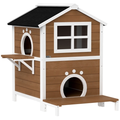 PawHut Outdoor-Katzenhaus mit wetterfestem Dach, Fenster, Balkon, herausnehmbarem Boden, 2 Ebenen, für 1-2 Katzen, Braun