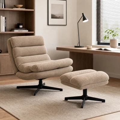 HOMCOM Fauteuil Salon Lin Marron Pivotant Repose-Pied Réglable