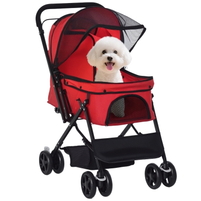 PawHut Carrito para Perros Plegable con Mango Reversible Ventana de Malla Cesta de Almacenamiento 76,5x52x95 cm Rojo
