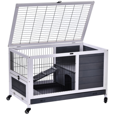 PawHut Jaula de Conejos Conejera para Mascotas Pequeñas con Techo Abrible y Bandeja Extraíble 90x53x59 cm Gris y Blanco