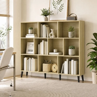 HOMCOM 10-Cube Bookcase Wood Legs Modern 140cm Oak