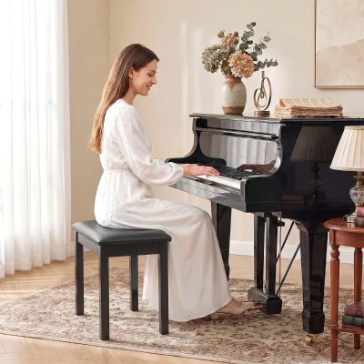 HOMCOM Banquinho para Piano com Pernas em Madeira de Seringueira, Assento Acolchoado, Revestimento em Couro Sintético PU, Preto