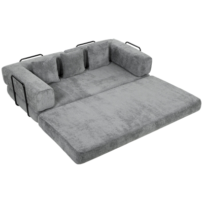 HOMCOM Canapé Convertible 3 Places Chenille Gris 205cm 5 en 1