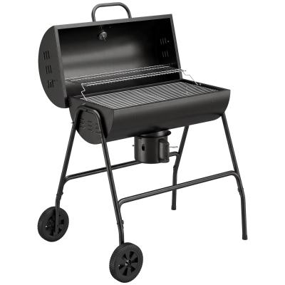 Outsunny Metalen Houtskoolbarbecue BBQ Smoker met Deksel Thermometer Wielen Grillwagen 95x71,5x102 cm Zwart