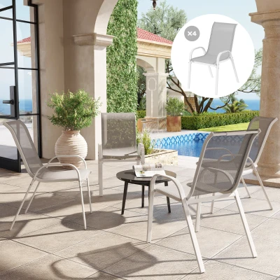 Outsunny Set de 4 Sillas de Exterior Apilables con Asiento de Malla Respaldo Alto y Marco de Acero para Jardín o Terraza Gris