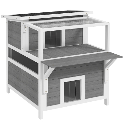 PawHut Tweekamer Kattenhuis met Balkon, Weerbestendige Kattenhut, Regen- en Zonnebescherming, voor Binnen en Buiten, Lichtgrijs