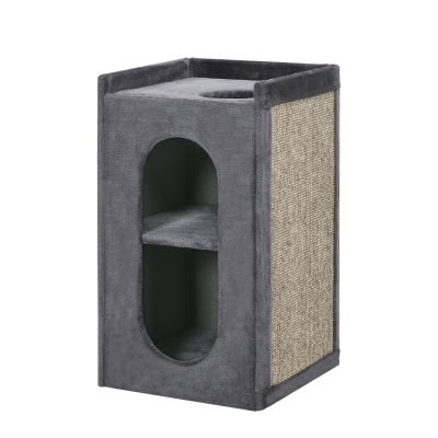 PawHut Kratztonne mit 2 Katzenhöhlen, 1 Liegefläche, Sisal-Kratzmatte, Plüsch, Grau + Natur