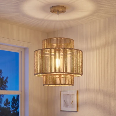 HOMCOM Hanglamp, driedelige lampenkap, metaal, henneptouw, lichtbruin