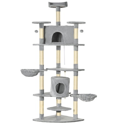 Pawhut 200H cm kattenboom met grotten en speelgoedballen lichtgrijs