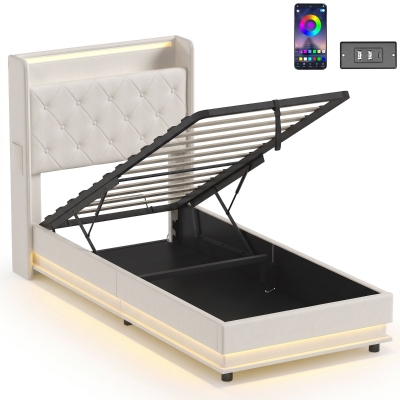 HOMCOM Single Bed Frame Hydraulic Storage LED Charging White