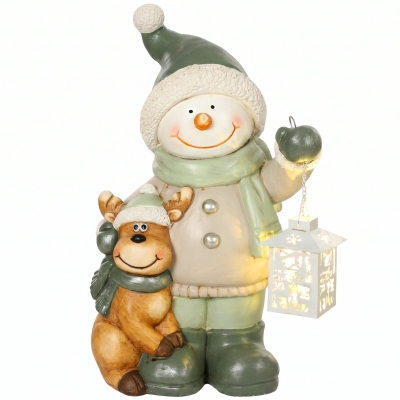 HOMCOM Schneemann-Figur 43 cm aus MGO mit LED-Laterne und Timer, für Eingangsbereich & Türbereich