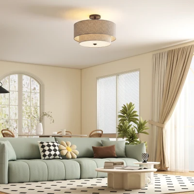 HOMCOM Plafondlamp met dubbele lampenkappen in linnen look, taupe