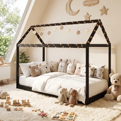 HOMCOM Wooden Single Bed Frame Scandinavian 90x190cm Black