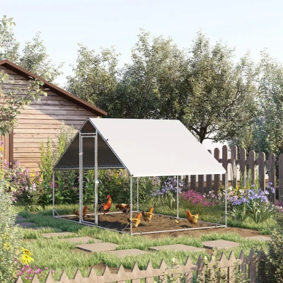 PawHut Kippenhok, Buitenren, Pluimveestal met Zonnescherm, Buitenverblijf voor 4-6 Kippen, Eenden Konijnen, 3 x 2 x 2 m