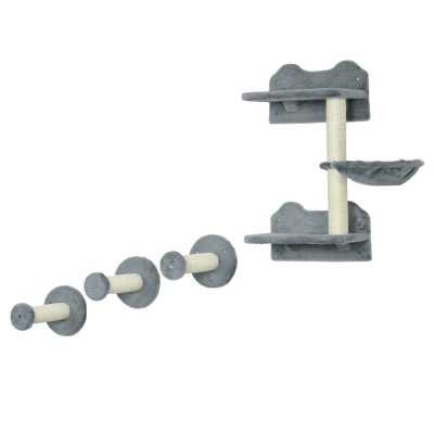 PawHut Klimniveaus, klimwand, kattenladder, 4-delige set, met krabpaal, hangmat, grijs+roomwit, 40 x 28 x 73cm