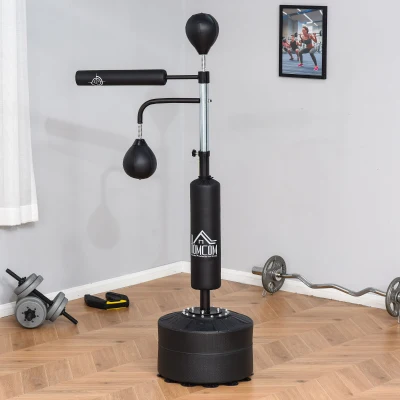 HOMCOM Saco de Boxeo de Pie 4 en 1 Ajustable en Altura con 2 Bolas Barra y Base Rellenable Agua o Arena 88x50x160-230 cm Negro