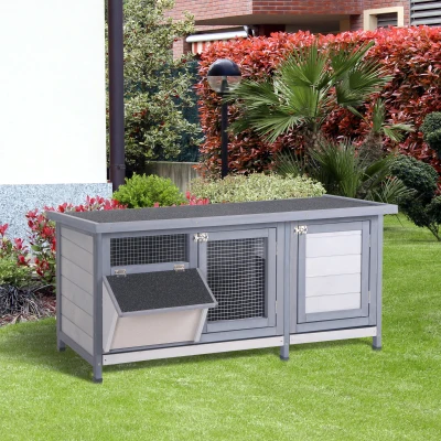 PawHut Hasenstall Winterfest Kaninchenstall aus Holz 112x50x54 cm Kaninchenkäfig mit Bitumendach, 2 Türen, Metallgitter, Hasenkäfig für Kaninchen, Meerschweinchen Outdoor Grau+Schwarz