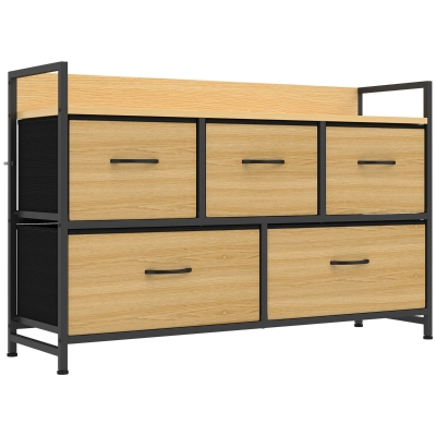 HOMCOM Commode 5 Tiroirs Tissu Chêne Cadre Acier 98x29x63cm