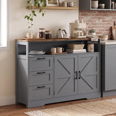HOMCOM Sideboard Cabinet 3 Drawers Power Outlet Grey