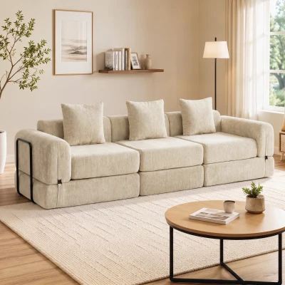 HOMCOM Sofá-Cama Dobrável 245 cm Sofá Comprimido 3 Lugares Modular em Chenille com Assento Largo 3 Almofadas Bege