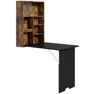 HOMCOM Wall-Mounted Drop-Leaf Table Chalkboard Storage Rustic Brown