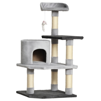 PawHut Torre para Gatos con Plataformas Casetas Ratón de Juego Postes para Rascar y Cubierto de Felpa 48x48x100 cm Gris