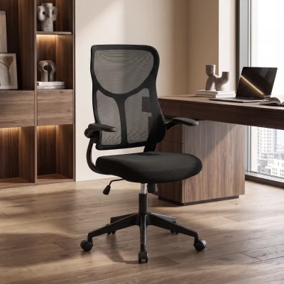 Scaun de birou ergonomic cu brațe rabatabile, negru
